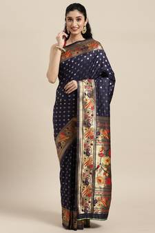 Navy blue woven banarasi silk saree with blouse