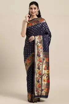 Navy blue woven banarasi silk saree with blouse