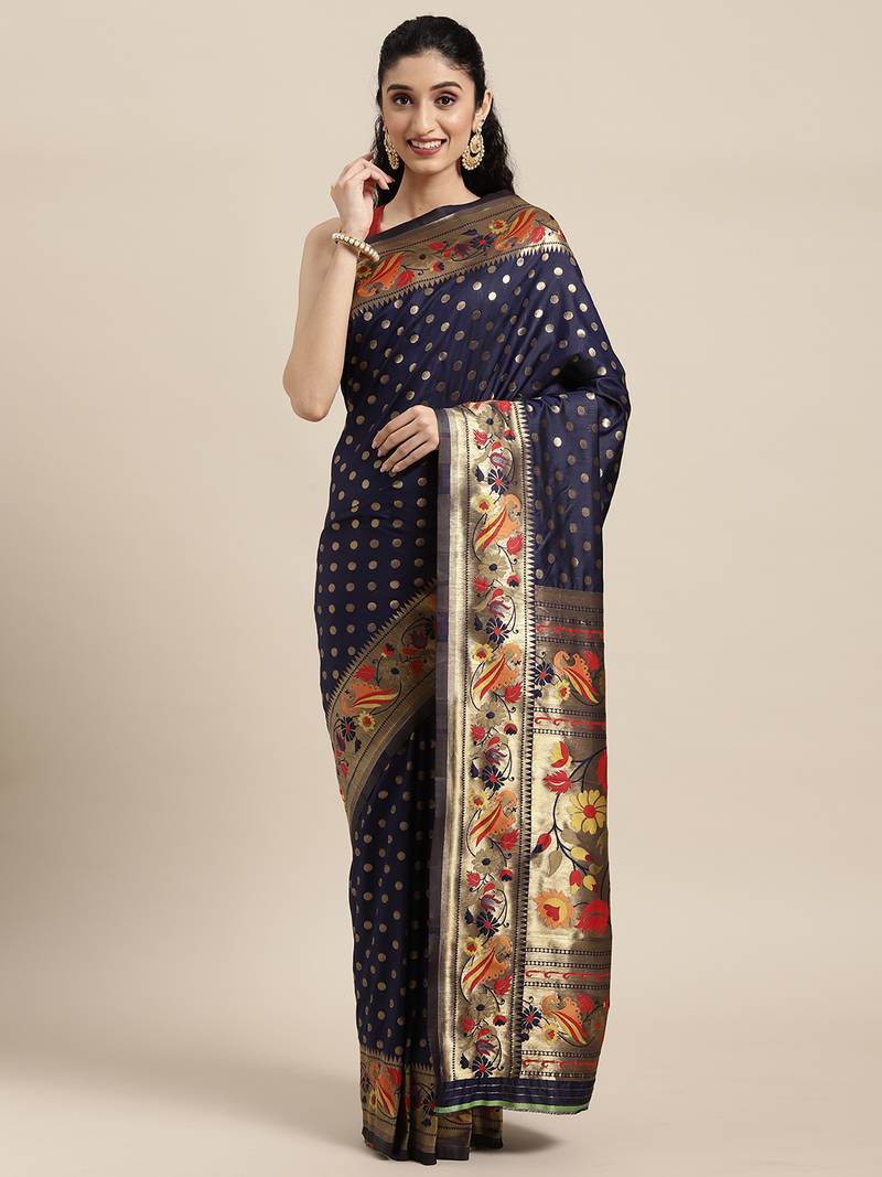 Navy blue woven banarasi silk saree with blouse