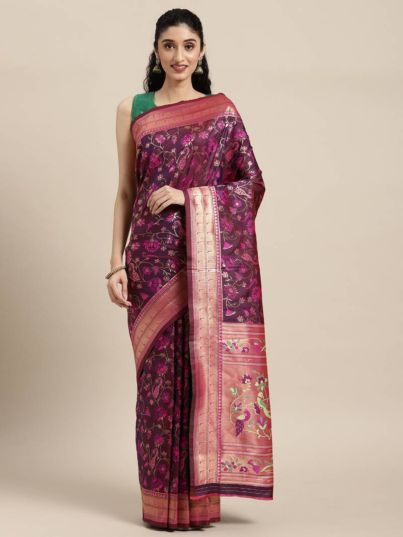 Magenta woven banarasi silk saree with blouse