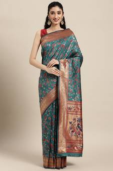 Teal woven banarasi silk saree with blouse