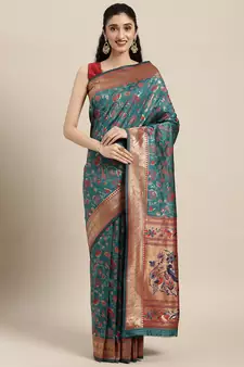 Teal woven banarasi silk saree with blouse