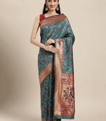 Teal woven banarasi silk saree with blouse