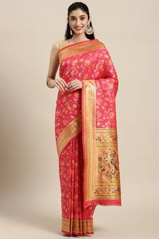 Pink woven banarasi silk saree with blouse