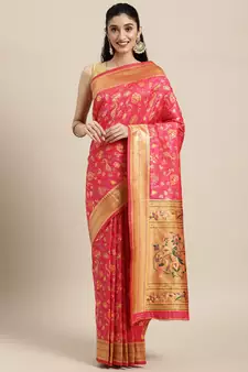 Pink woven banarasi silk saree with blouse