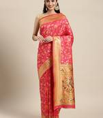 Pink woven banarasi silk saree with blouse
