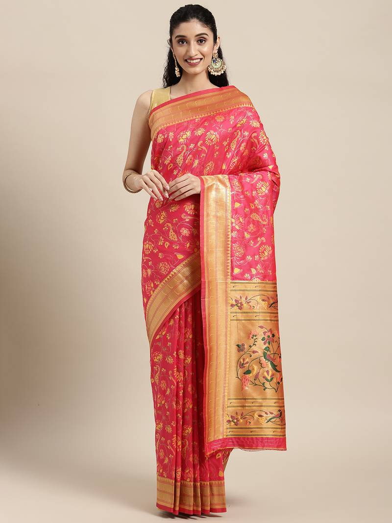 Pink woven banarasi silk saree with blouse