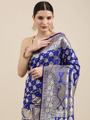 Royal blue woven satin saree with blouse 1