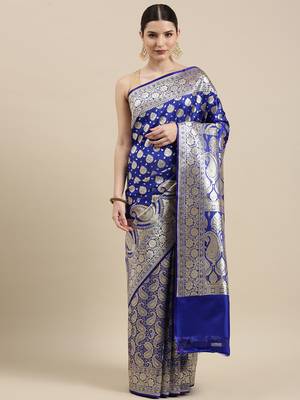 Royal blue woven satin saree with blouse 2