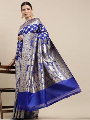 Royal blue woven satin saree with blouse 3