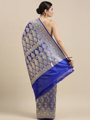 Royal blue woven satin saree with blouse 4