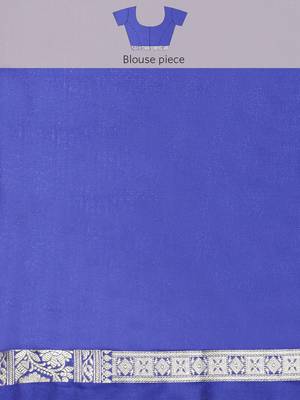 Royal blue woven satin saree with blouse 5