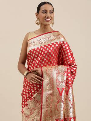 Red woven satin saree with blouse 1