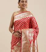 Red woven satin saree with blouse