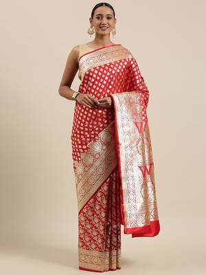 Red woven satin saree with blouse 2