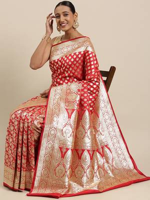 Red woven satin saree with blouse 3