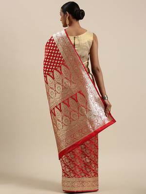 Red woven satin saree with blouse 4