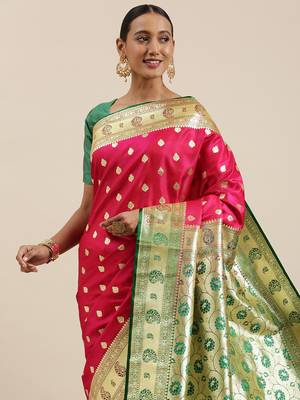 Pink woven satin saree with blouse 1