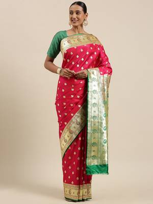 Pink woven satin saree with blouse 2