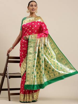 Pink woven satin saree with blouse 3