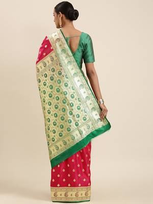 Pink woven satin saree with blouse 4