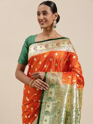 Orange woven satin saree with blouse 1