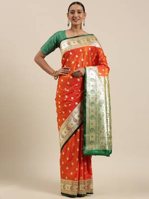 Orange woven satin saree with blouse 2