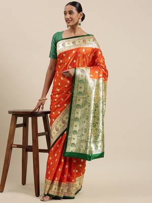 Orange woven satin saree with blouse 3