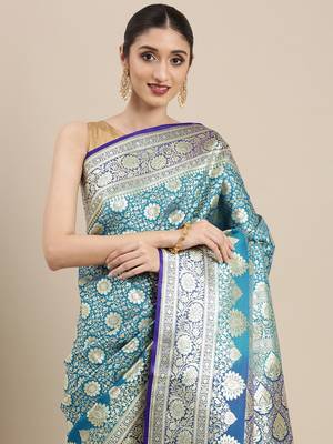 Blue woven satin saree with blouse 1