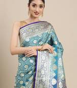 Blue woven satin saree with blouse