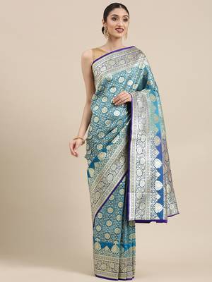 Blue woven satin saree with blouse 2
