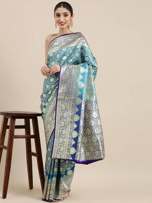 Blue woven satin saree with blouse 3