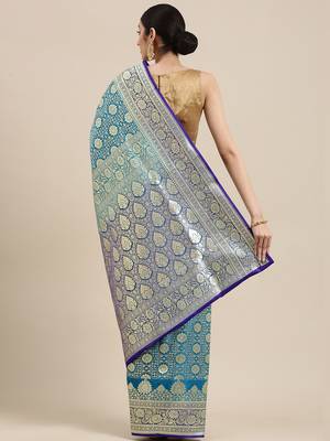 Blue woven satin saree with blouse 4