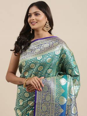 Green woven satin saree with blouse 1