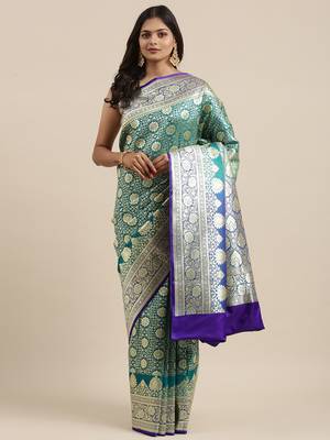 Green woven satin saree with blouse 2