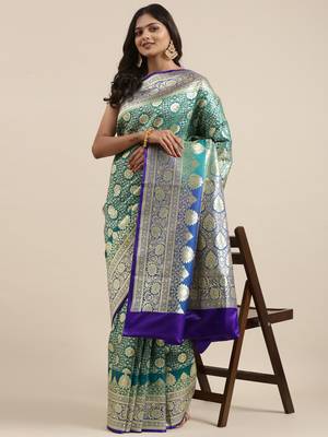 Green woven satin saree with blouse 3