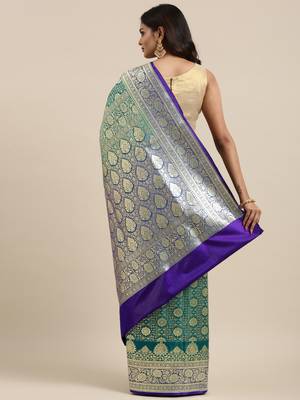 Green woven satin saree with blouse 4