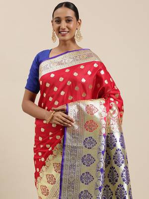 Red woven satin saree with blouse 1
