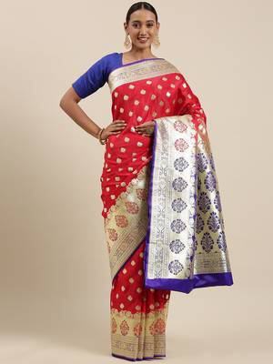 Red woven satin saree with blouse 2