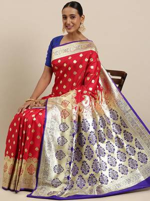 Red woven satin saree with blouse 3