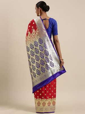 Red woven satin saree with blouse 4