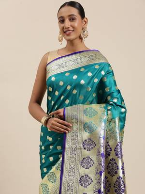 Sea green woven satin saree with blouse 1