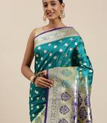 Sea green woven satin saree with blouse
