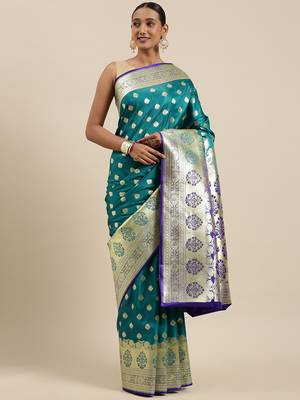 Sea green woven satin saree with blouse 2