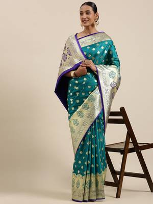 Sea green woven satin saree with blouse 3