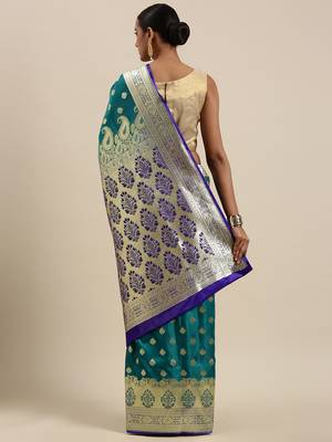 Sea green woven satin saree with blouse 4