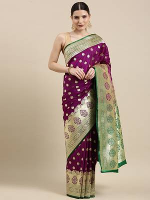 Purple woven satin saree with blouse 2