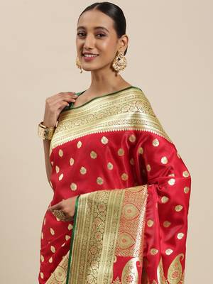 Red woven satin saree with blouse 1