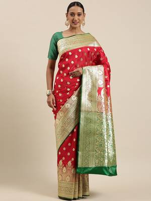 Red woven satin saree with blouse 2