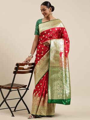 Red woven satin saree with blouse 3